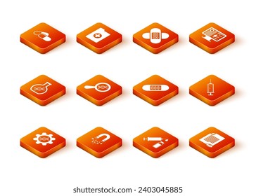 Establecer ingeniería genética, imán con dinero, investigación de ADN, búsqueda, , jeringa médica y el icono de yeso de malla y malla. Vector
