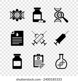 Set Gentechnik, Medizin Flasche und Pillen, DNA-Forschung, Suche, , Zwischenablage mit Analyse und Symbol. Vektorgrafik
