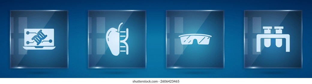 Set Genetic engineering modification, Genetically modified apple, Laboratory glasses and Test tube and flask. Square glass panels. Vector