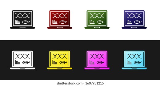 Set Genetic engineering modification on laptop icon isolated on black and white background. DNA analysis, genetics testing, cloning.  Vector Illustration