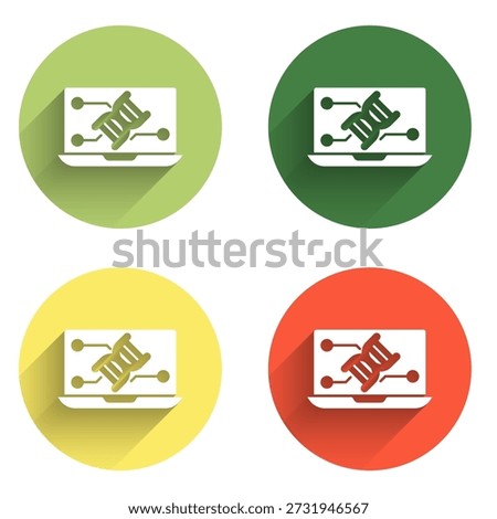 Set Genetic engineering modification on laptop icon isolated with long shadow background. DNA analysis, genetics testing, cloning. Color circle button. Vector
