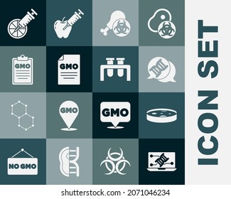 Set Genetic engineering modification, Petri dish with bacteria, DNA symbol, Gmo research chicken, GMO, Genetically modified orange and Test tube and flask icon. Vector