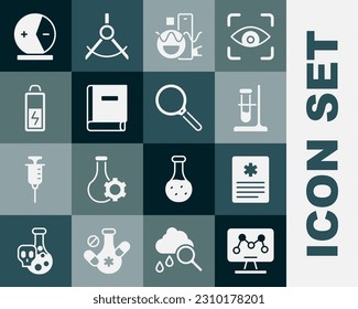 Set Genetic engineering, Patient record, Test tube flask on stand, Basic geometric shapes, Science book, Battery, Atom and Magnifying glass icon. Vector