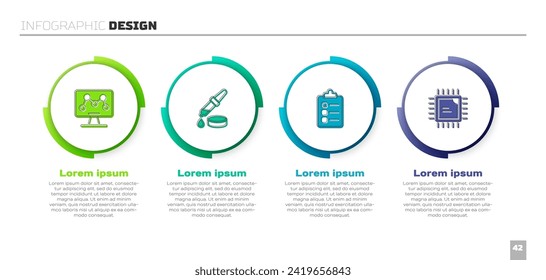 Set Genetic engineering, Pipette, To do list or planning and Processor CPU. Business infographic template. Vector