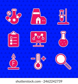 Set Genetic engineering, Thermometer, Magnifying glass, Test tube, Force of physic formula, To do list planning, flask on stand and Medicine pill icon. Vector