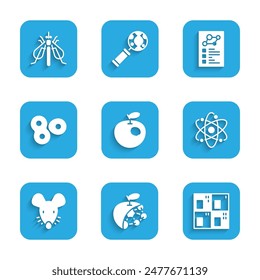 Conjunto de manzana modificada genéticamente, estructura biológica, tabla periódica, átomo, ratón experimental, división celular, registro clínico e icono de insecto. Vector