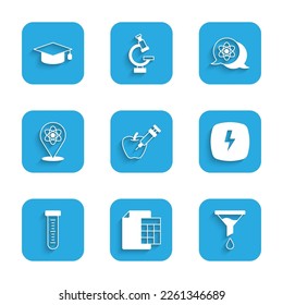 Set Genetically modified apple, Calculator, Funnel filter, Lightning bolt, Test tube, Atom,  and Graduation cap icon. Vector