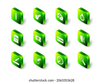 Set Genetically modified apple, DNA symbol, GMO, Biohazard and magnifying glass, No, Petri dish with bacteria and meat icon. Vector
