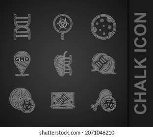 Set Genetically modified apple, engineering modification, Gmo research chicken, DNA symbol, orange, GMO, Petri dish with bacteria and  icon. Vector