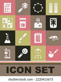 Set Genetically modified apple, Experimental mouse, animal, Chemical formula, Jar with additives, Periodic table, Clinical record and Laboratory assistant icon. Vector