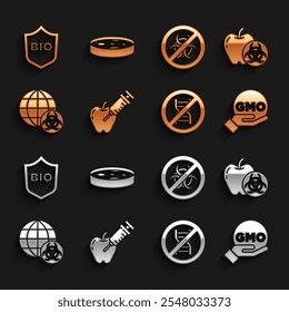 Set Genetically modified apple, GMO, Stop, Shield for bio healthy food and Petri dish with bacteria icon. Vector