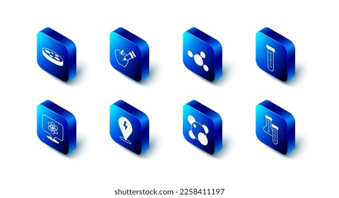 Set Genetically modified apple, Molecule, Test tube, Lightning bolt, Atom and Petri dish with bacteria icon. Vector