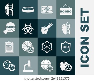 Set Genetically modified apple, Shield for bio healthy food, engineering modification, Biohazard symbol, GMO, meat and  icon. Vector