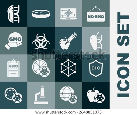 Set Genetically modified apple, Shield for bio healthy food, engineering modification, Biohazard symbol, GMO, meat and  icon. Vector