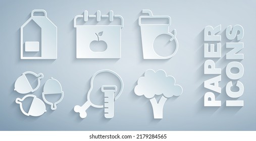 Set Genetically modified chicken, Fresh smoothie, Acorn, Broccoli, World Vegetarian day and Paper package for milk icon. Vector