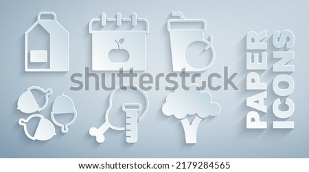 Set Genetically modified chicken, Fresh smoothie, Acorn, Broccoli, World Vegetarian day and Paper package for milk icon. Vector