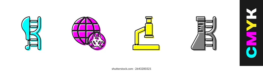 Set Genetically modified chicken, GMO, Microscope and DNA research, search icon. Vector