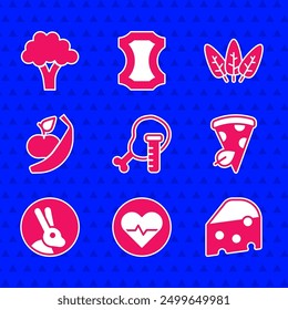 Set Genetically modified chicken, Heart rate, Cheese, Vegan pizza slice, Rabbit, Apple and banana, Leaf and Broccoli icon. Vector
