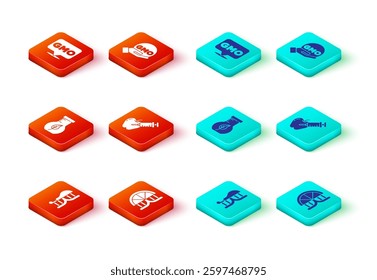 Set Genetically modified chicken, orange, Test tube and flask, apple, GMO and  icon. Vector