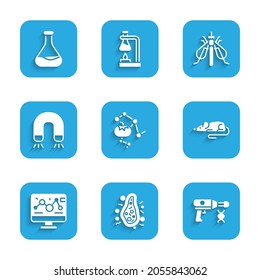 Ajuste alimentos modificados genéticamente, bacterias, pistola líquida de transferencia, ratón experimental, modificación de ingeniería, imán, insecto y tubo de ensayo e icono de matraz. Vector