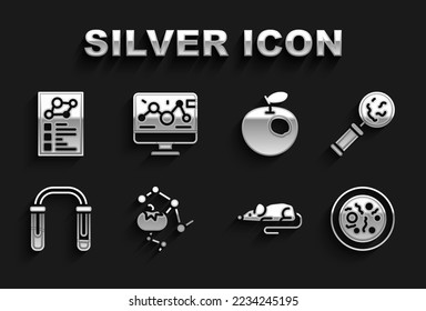 Set Genetically modified food, Microorganisms under magnifier, Petri dish with bacteria, Experimental mouse, Test tube and flask, apple, Clinical record and engineering modification icon. Vector