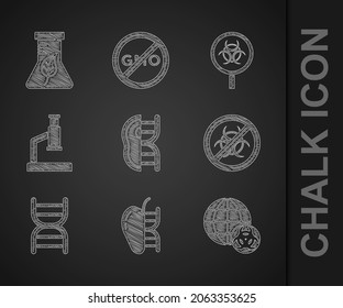 Set Genetically modified meat, apple, GMO, Stop, DNA symbol, Microscope, Biohazard and magnifying glass and Test tube flask icon. Vector