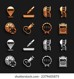 Set Genetically modified meat, chicken, Document for bio healthy food, Label eco, orange, GMO and Pipette icon. Vector