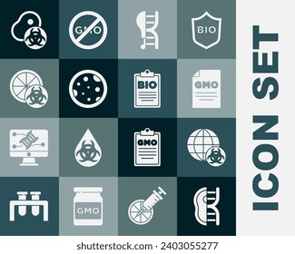 Set Genetically modified meat, GMO, chicken, Petri dish with bacteria, orange,  and Document for bio healthy food icon. Vector