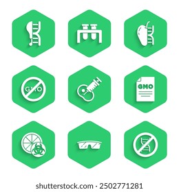 Set Genetically modified meat, Laboratory glasses, Stop GMO, orange, No, apple and chicken icon. Vector