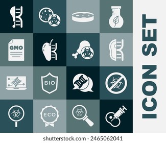 Set Genetically modified meat, Stop GMO, Petri dish with bacteria, apple, chicken and Gmo research icon. Vector