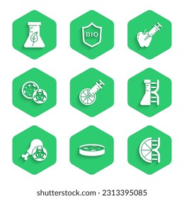Set Genetically modified orange, Petri dish with bacteria, DNA research, search, Gmo chicken, GMO, apple and Test tube and flask icon. Vector