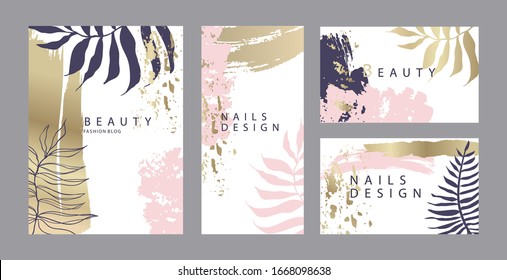 Set of gentle design templates cards for beauty salon or wedding invitation with pastel pink and gold brush strokes