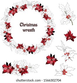 Set of gentle floral elements on a white background. Christmas wreath of contour branches and red flowers.