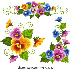 Set of gentle floral patterns with pansy. Drawn with no gradients.