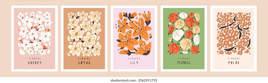 Set of gentle floral posters. Botanical cards with meadow flowers, field bloom plants. Postcards with wildflowers. Wall arts with lotuses, peonies, blossom cherry, crocuses. Flat vector illustrations