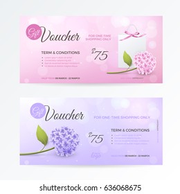 Set of gentle gift vouchers with hydrangea, paper shopping bag, bow on the pink and purple background. Vector template for gift card, coupon and certificate with flowers and effect bokeh.