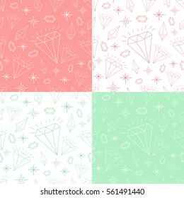 Set of gentle girl pattern seamless vector. Doodle princess diamond print. Jewelry background for birthday card design, baby shower invitation, textile, diaper fabric and wrapping paper.