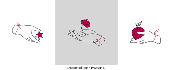 Eine Reihe von sanften linearen Logos, die die Hände darstellen. Vektorgrafik für Frauengeschäfte. Handgefertigte oder handgemachte Pflege. Logo für einen Schönheitssalon oder Massage. Hand hält Apfel, Stern und Blume, magische Zeichen