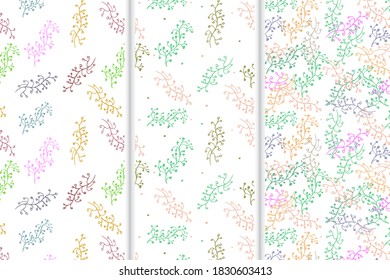 Set of gentle seamless pattern with floral natural branches and dots. Chaos. Colorful backgrounds. Printing design vector. Hand drawn