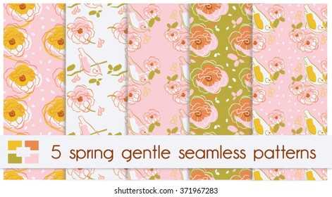 Set of  Gentle spring seamless pattern with bird and flowers.