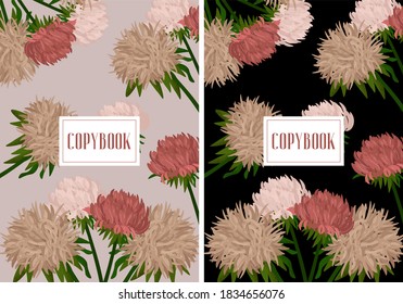 Set of gentle vector flat covers for copybook with dusty pink asters. Covers in two colors for wedding, birthday, holidays. Background with place for text for banners, posters. Botanical copybook.