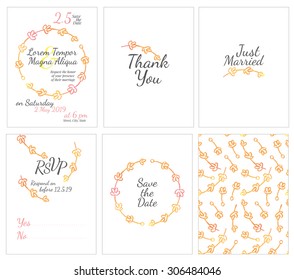 set of gentle wedding cards - postcard with the invitation, confirmation, save the date and seamless pattern