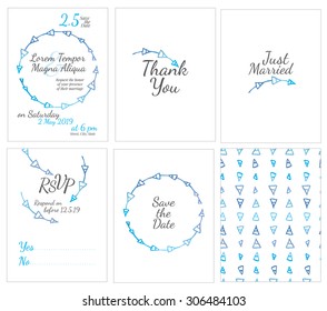 set of gentle wedding cards - postcard with the invitation, confirmation, save the date and seamless pattern