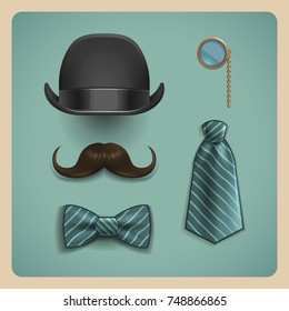 Set of gentleman accessories. Realistic bow tie, black bowler hat, striped tie, brown mustache and golden monocle isolated on retro background. Vector illustration.