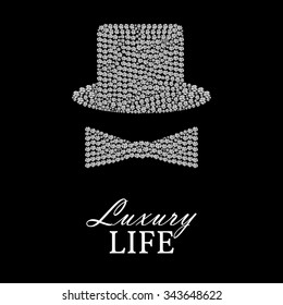 Set gentleman, bowler hat or cylinder and bow made of diamonds for a real gentleman and luxury life, vector illustration