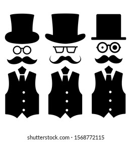 Set of gentleman figures, black mans silhouettes on a white background. Icons people, vector illustration.
