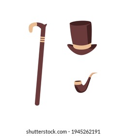 Set of gentleman hat, cane and smoking pipe flat vector illustration isolated.