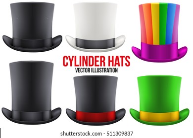 Set of gentleman hat cylinder with ribbon. Luxury and men symbol. Vector Illustration Isolated on white background.