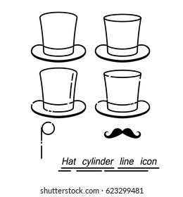 Set of gentleman - hats, mustaches, monocle in a linear style. Line icon. Isolated on white background. Vector illustration.