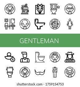 Set of gentleman icons. Such as Man, Restroom, Barbershop, Tuxedo, Wc, Female, Sun hat, Toilet, Moustache, Cowgirl , gentleman icons